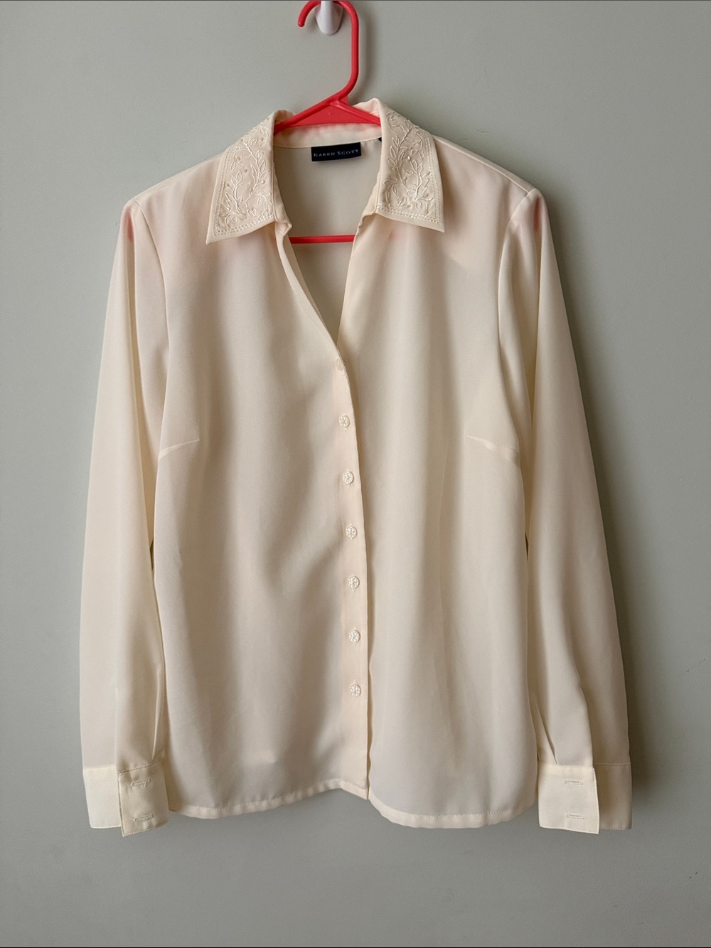 Karen Scott Cream Embroidered Collar Button-Down Blouse